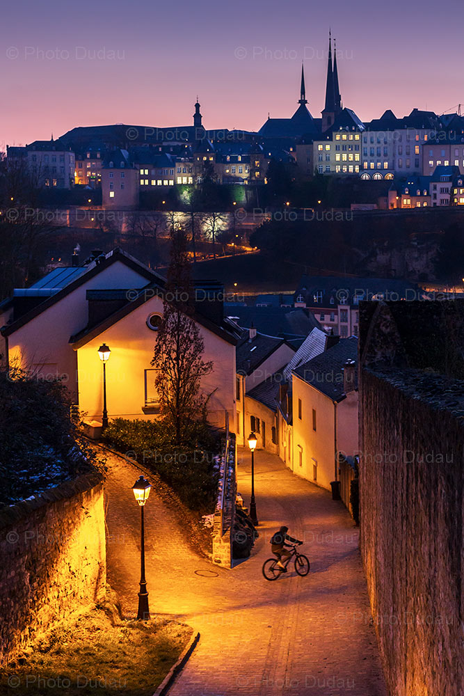 Lone Rider Luxembourg Old Town At Night Stock Images Luxembourg