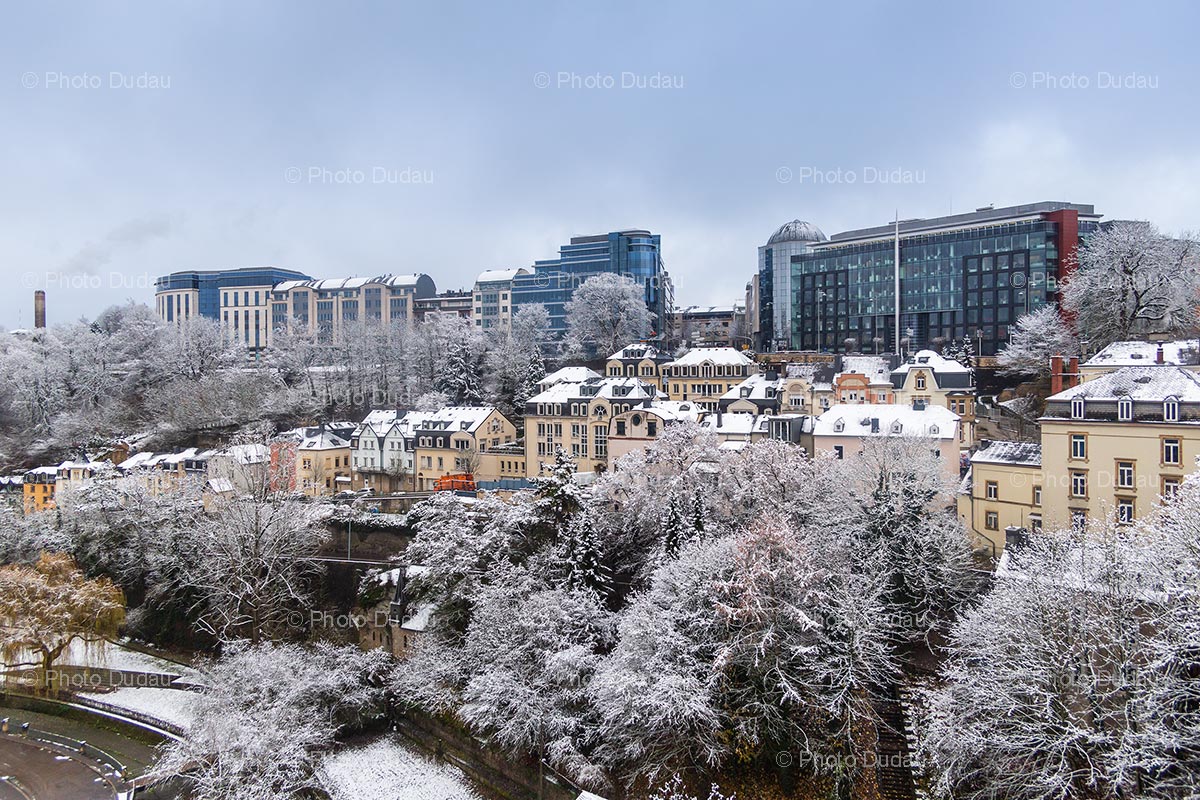 Luxembourg city office buildings in winter