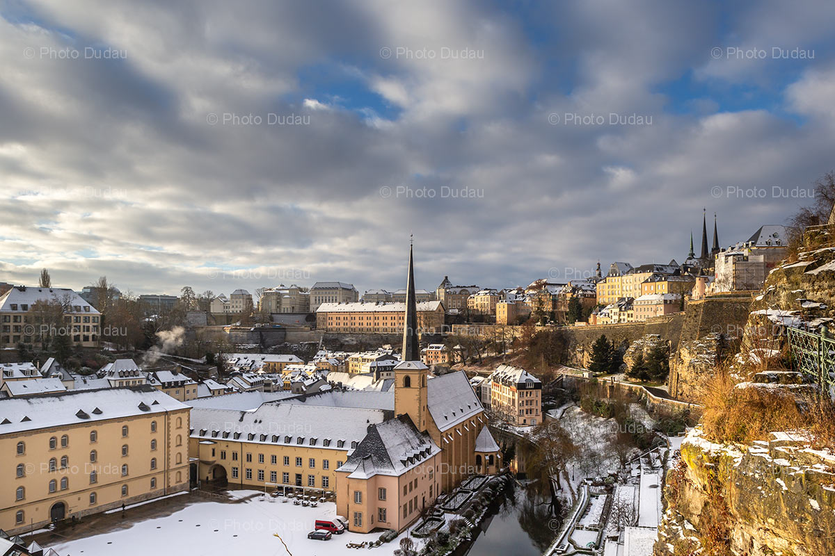 Snow over Grund in Luxembourg city