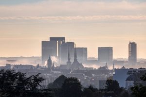 Luxembourg foggy skyline with Kirchberg and landmarks